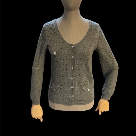 Whistles (London-based brand) Pointelle Grey Cotton & Wool Cardigan Size 4 - Picture 1 of 13